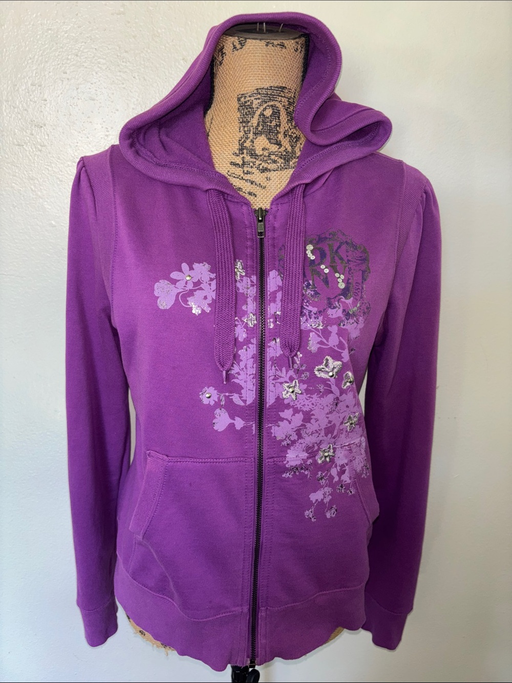 DKNY Sz L Purple Floral Zip Hoodie with Embellishment